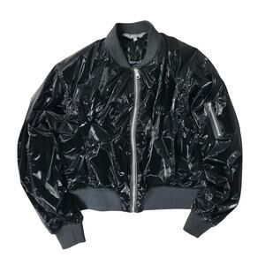Kate & Mallory Black Patent Vinyl Glossy Bomber Jacket Full Zip Pocket Size M